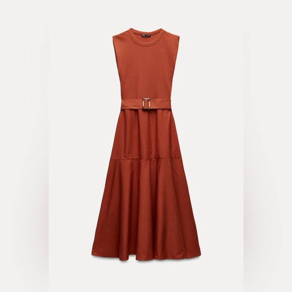 ZARA | A-line contrast rust colored belted midi dress - Picture 7 of 16